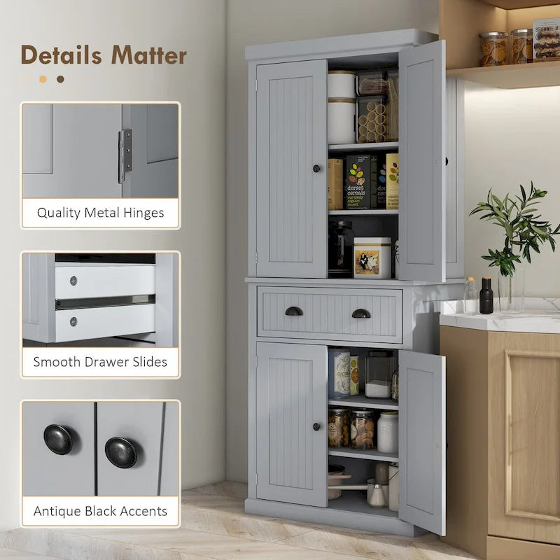 Meuble de rangement de cuisine autoportant traditionnel de 72 pouces avec 4 portes et 3 étagères réglables, grand tiroir central