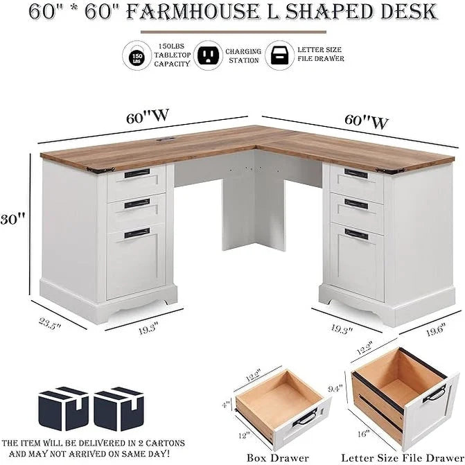 Bureau d'angle exécutif en forme de L 60 Farmhouse, bureau d'angle en bois, bureau d'ordinateur