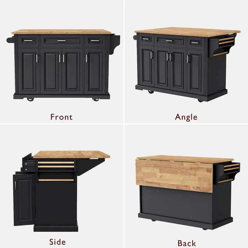 54 Grand îlot de cuisine avec plateau rabattable en bois d'hévéa, chariot de cuisine roulant à texture gaufrée sur 4 roues avec 4 portes et 3 tiroirs