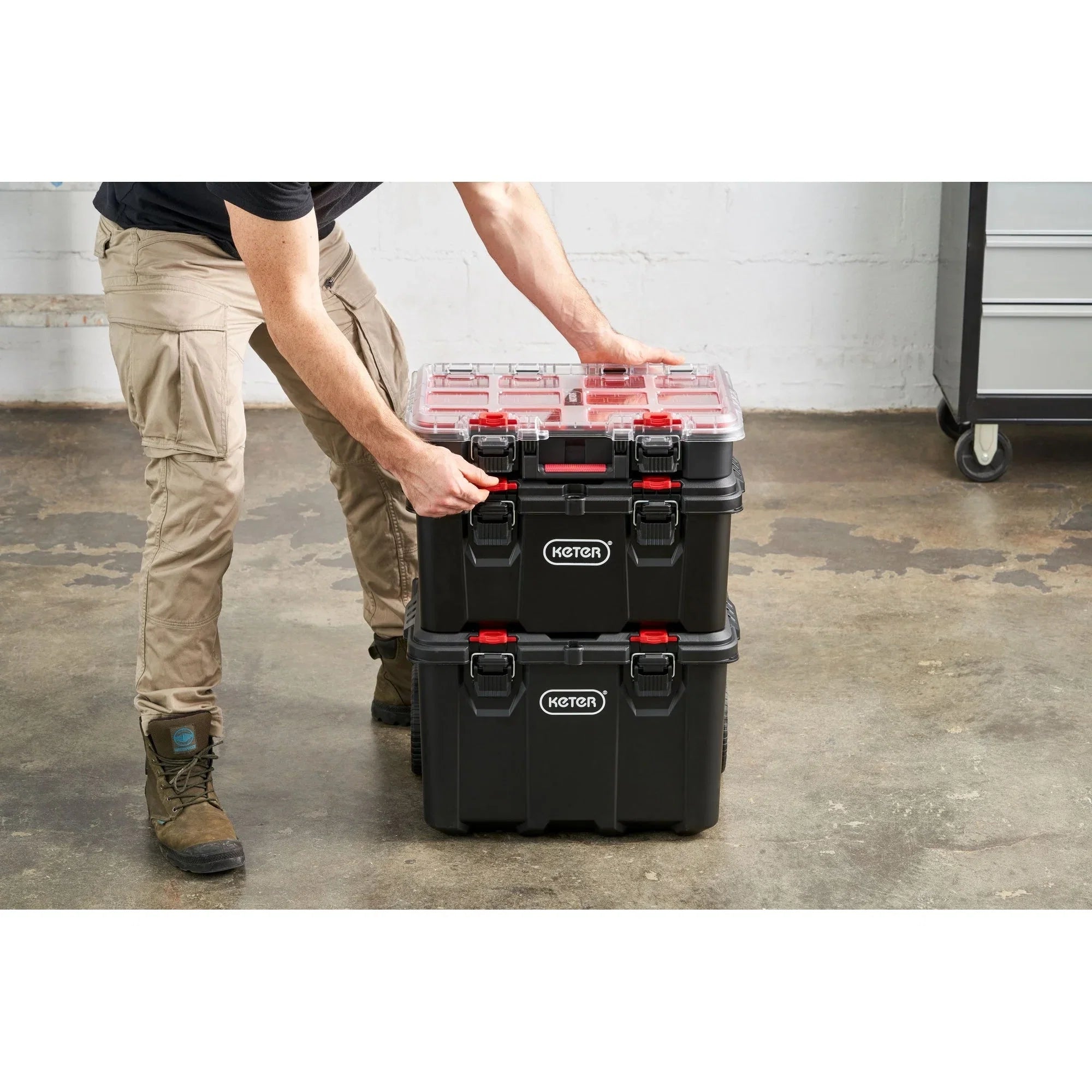 Keter Stack-n-Roll – Système modulaire 3 pièces de rangement et d'organisation d'outils mobile en résine durable