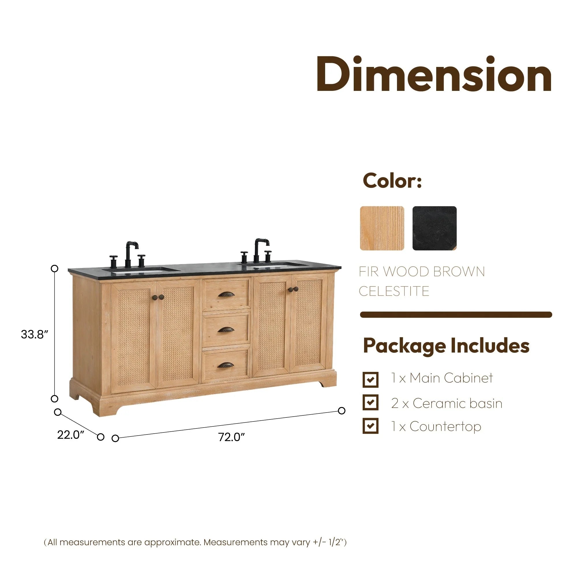 Meuble sous-vasque Hervas avec plateau en marbre naturel, sans miroir