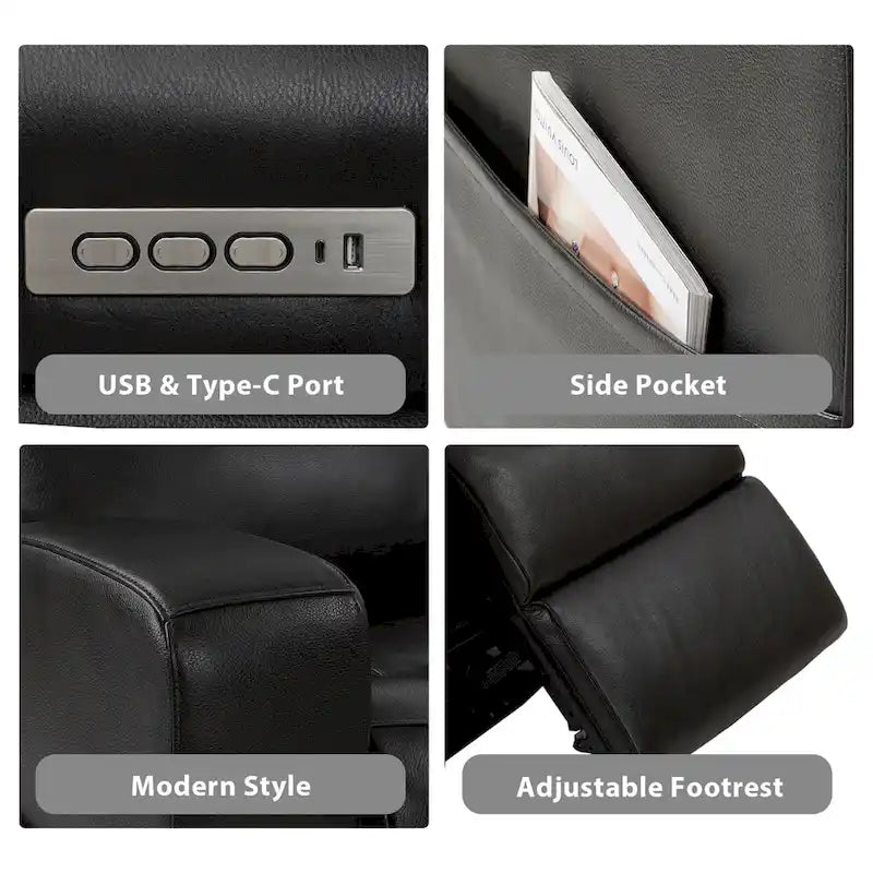Causeuse inclinable électrique en cuir véritable avec espace de rangement et port de charge USB pour salon