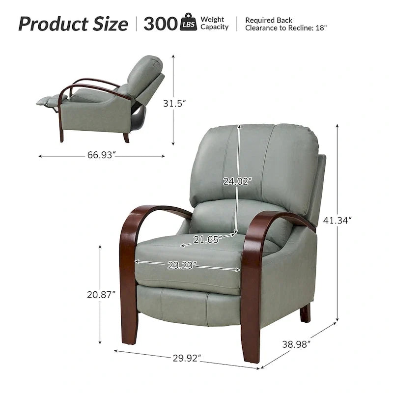 Fauteuil inclinable manuel Alex Mid-century Modern Cigar en cuir véritable avec accoudoirs incurvés en bois